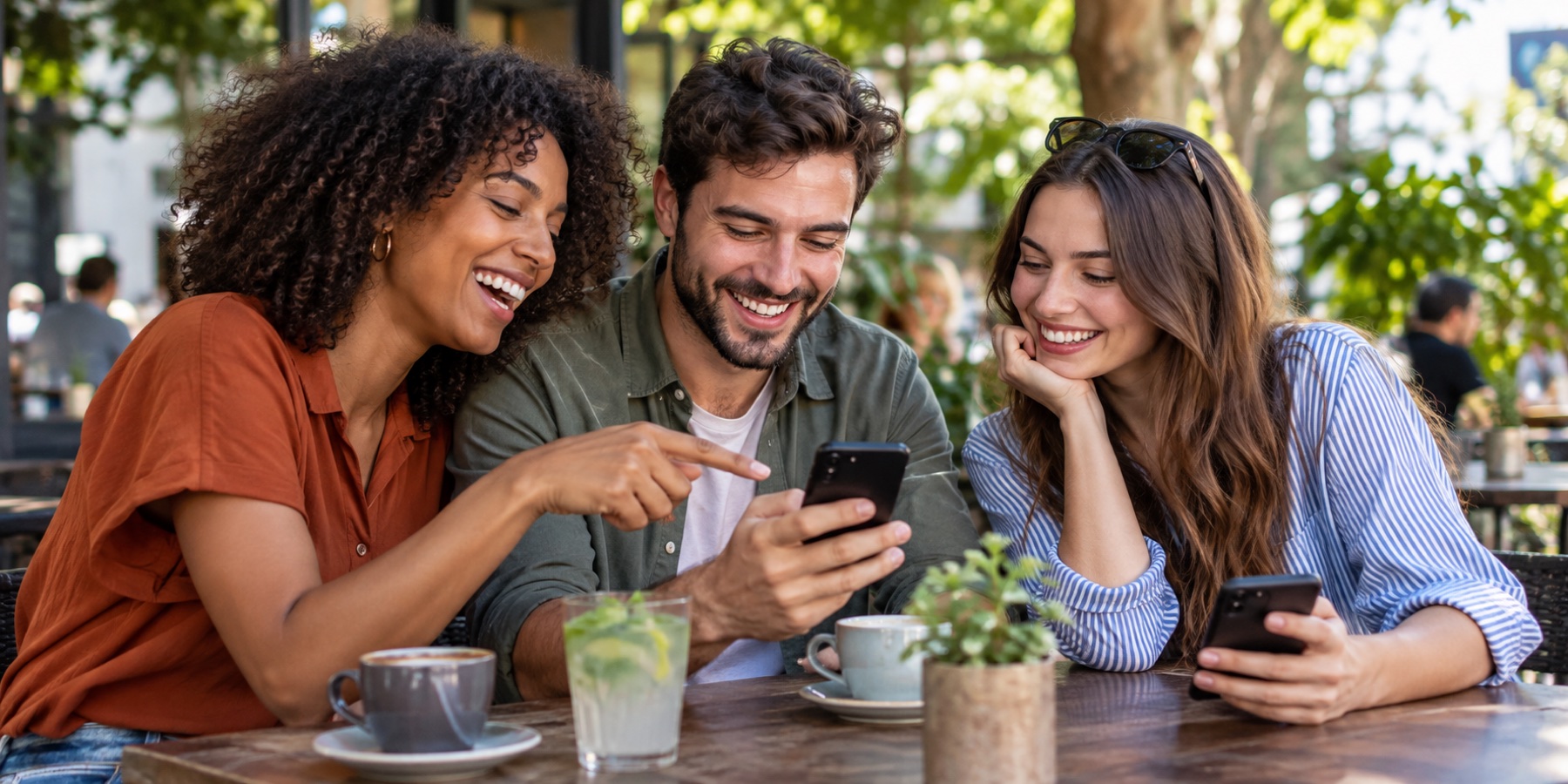 Three friends laughing together while sharing something on their phones